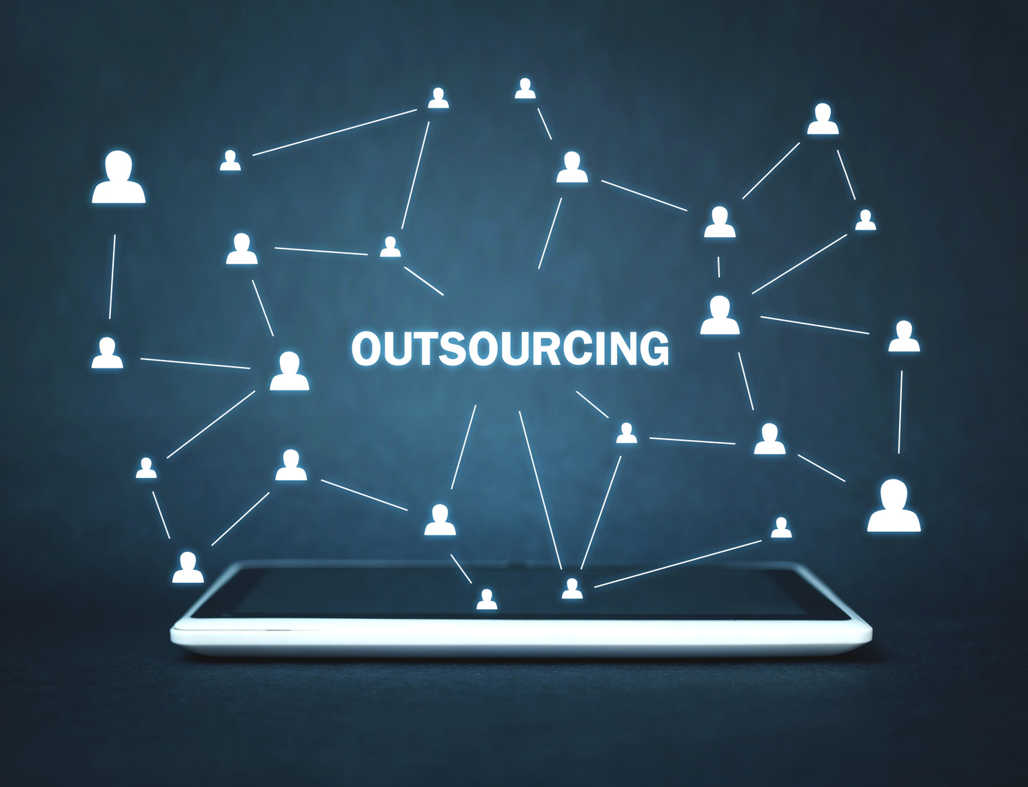 White digital tablet. Outsourcing, business strategy concept